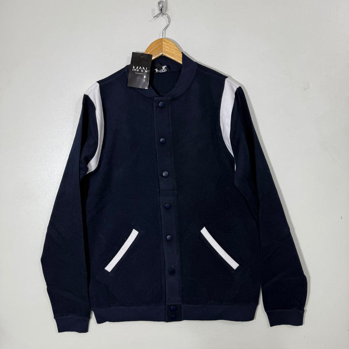 BOOHOOMAN BEN COLLAR TECH BUTTON VARSITY JACKET BRAND NEW BLUE COLOUR