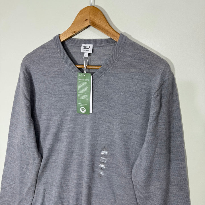 CELIO V NECK MERINO WOOL SWEATER BRAND NEW GREY COLOUR