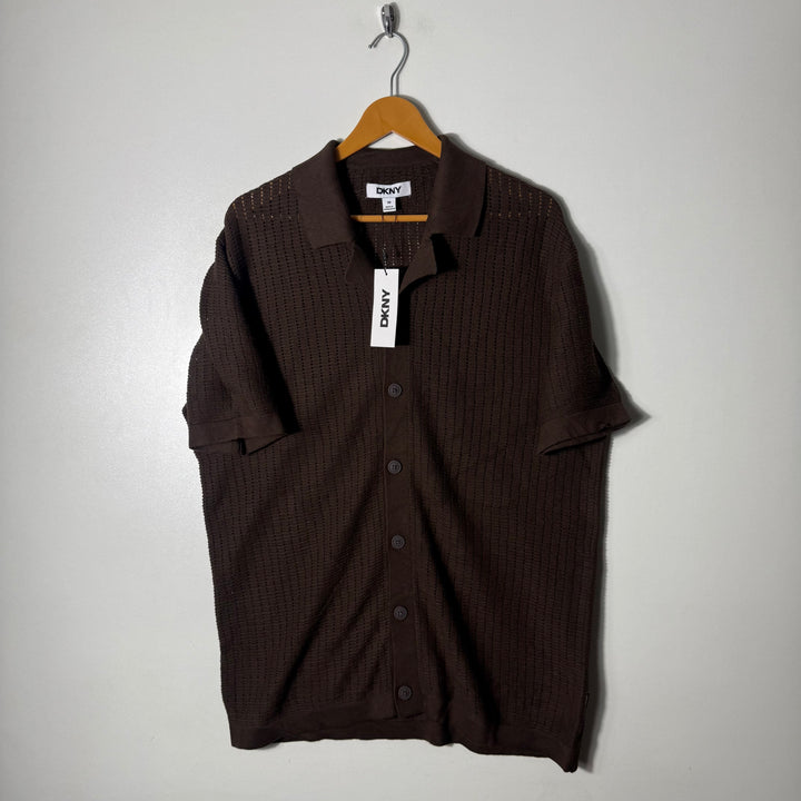 DKNY CUBAN COLLAR HALF SLEEVES KNITED SHIRT BRAND NEW BROWN COLLAR