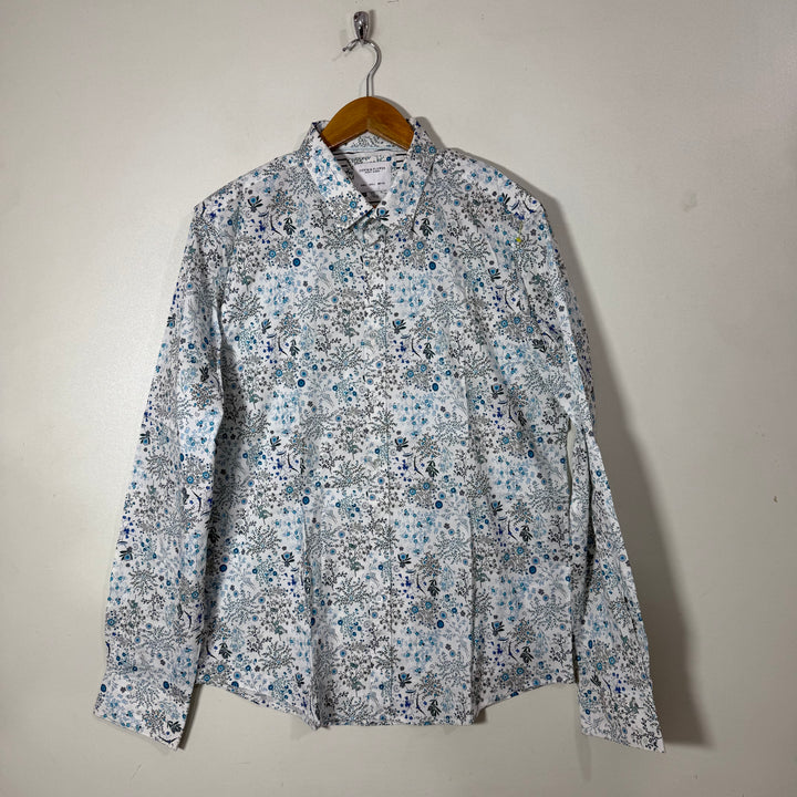 DENIM & FLOWER PRINTED CASUAL COTTON SHIRT