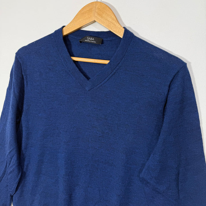SABA V NECK EXTRA FINE MERINO WOOL SWEATER BLUE COLOUR