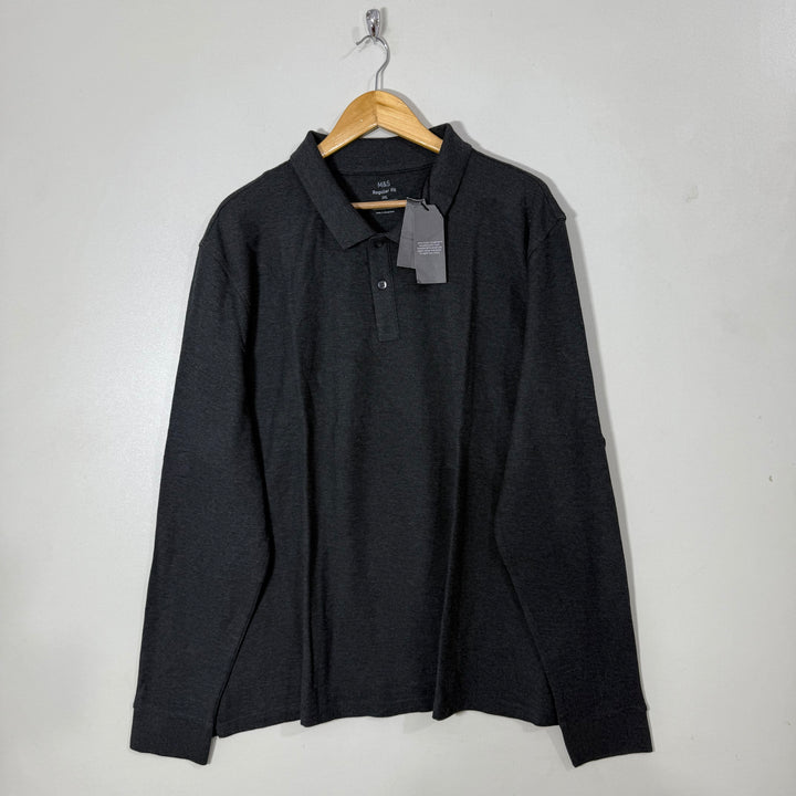 MARKS & SPENCER REGULAR FIT PURE COTTON LONG SLEEVES COTTON POLO TSHIRT BRAND NEW GREY COLOUR