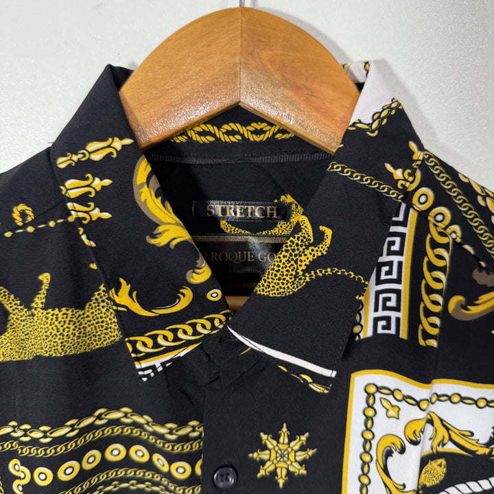 BAROQUE GOLD HALF SLEEVES SILK SHIRT BRAND NEW WITH STRETCH