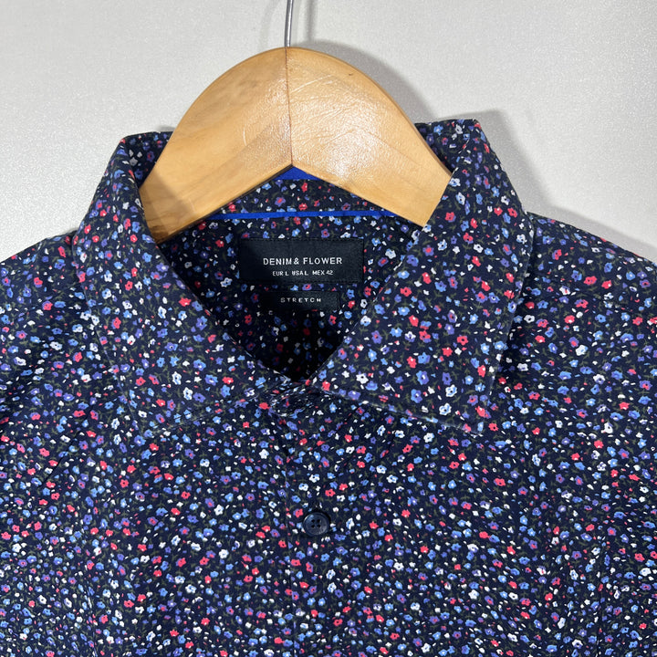 DENIM & FLOWER PRINTED SHIRT WITH STRETCH