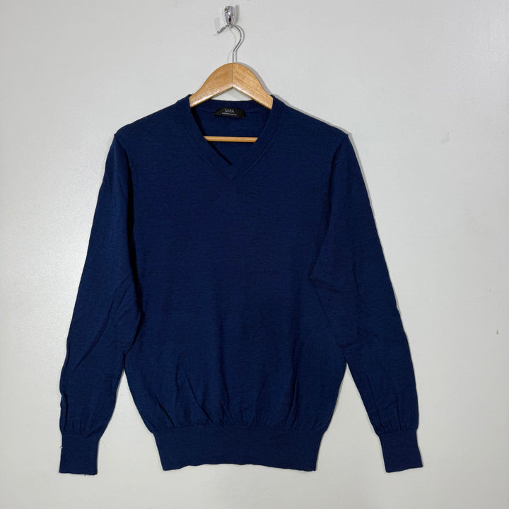 SABA V NECK EXTRA FINE MERINO WOOL SWEATER BLUE COLOUR