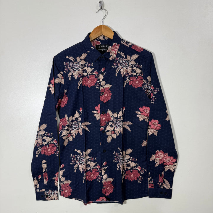 TOPMAN SKINNY FIT PRINTED CASUAL COTTON SHIRT WITH STRETCH
