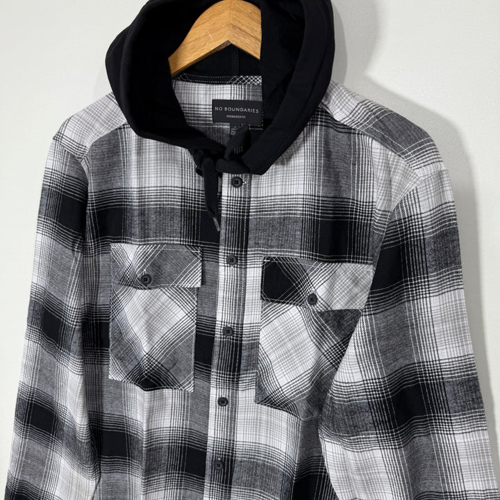 NO BOUNDARIES DOUBLE POCKETS FLANNEL COTTON SHIRT WITH HOOD