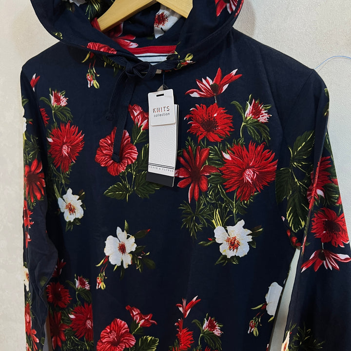 DENIM & FLOWER LONG SLEEVES PRINTED COTTON TSHIRT WITH HOOD BRAND NEW