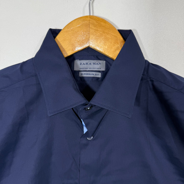 ZARA SUPER SLIM FIT HALF SLEEVES COTTON SHIRT WITH STRETCH BLUE COLOUR
