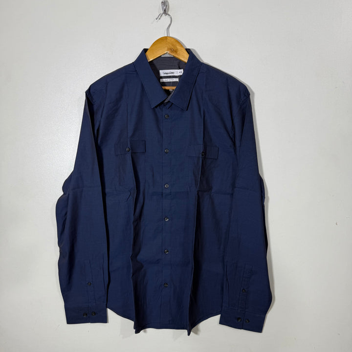 CALVIN KLEIN DOUBLE POCKETS LIQUID COTTON SHIRT BLUE COLOUR