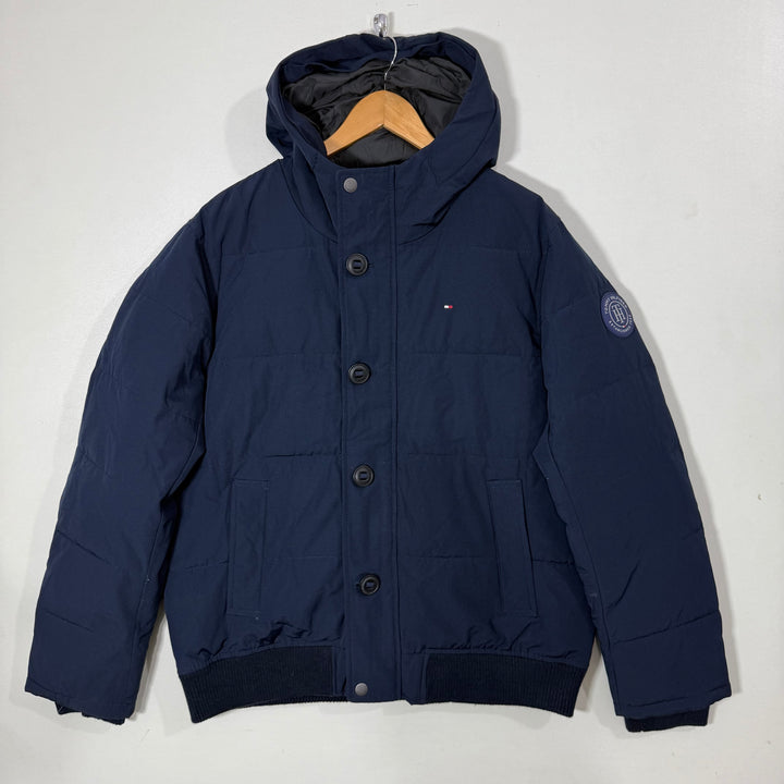 TOMMY HILFIGER ACRYLIC COTTON PUFFER JACKET WITH HOOD BLUE COLOUR