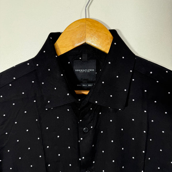 DENIM & FLOWER LONG SLEEVES HAWAI SHIRT BLACK COLOUR