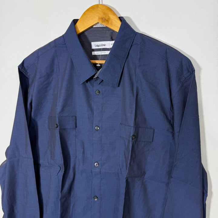 CALVIN KLEIN DOUBLE POCKETS LIQUID COTTON SHIRT BLUE COLOUR