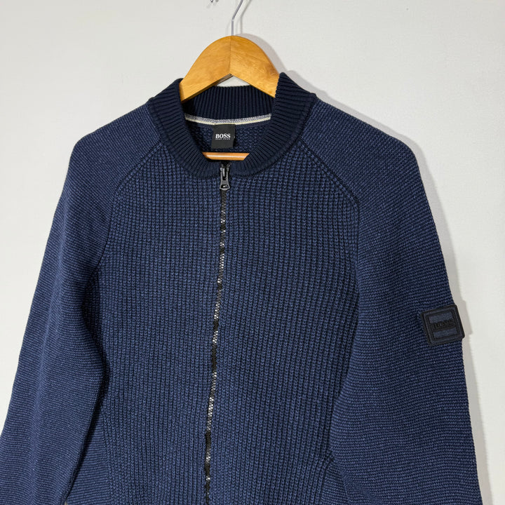 HUGO BOSS BEN COLLAR FULL ZIP KNITED COTTON SWEATER BLUE COLOUR