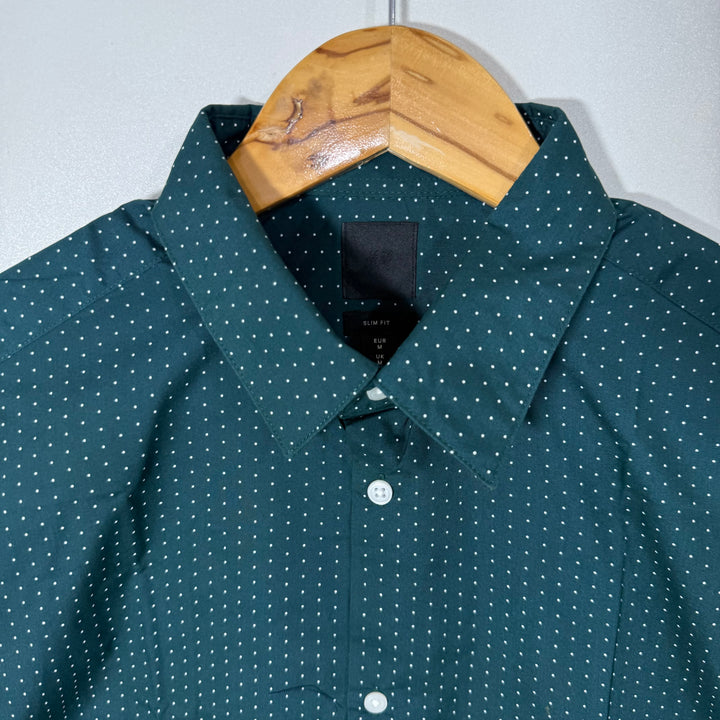 H&M SLIM FIT HALF SLEEVES SHIRT GREEN COLOUR