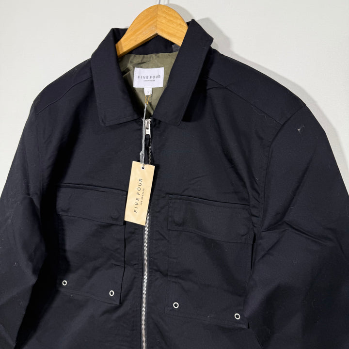 FIVE FOUR LOS ANGELES COTTON BLEND CANVAS CARGO ZIP FRONT JACKET BLACK COLOUR