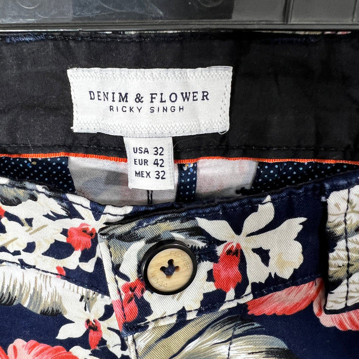 DENIM & FLOWER PRINTED COTTON SHORT