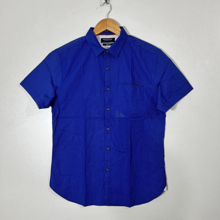 DENIM & FLOWER HALF SLEEVES COTTON SHIRT