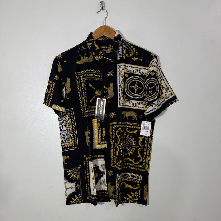 BAROQUE GOLD HALF SLEEVES SILK SHIRT BRAND NEW WITH STRETCH