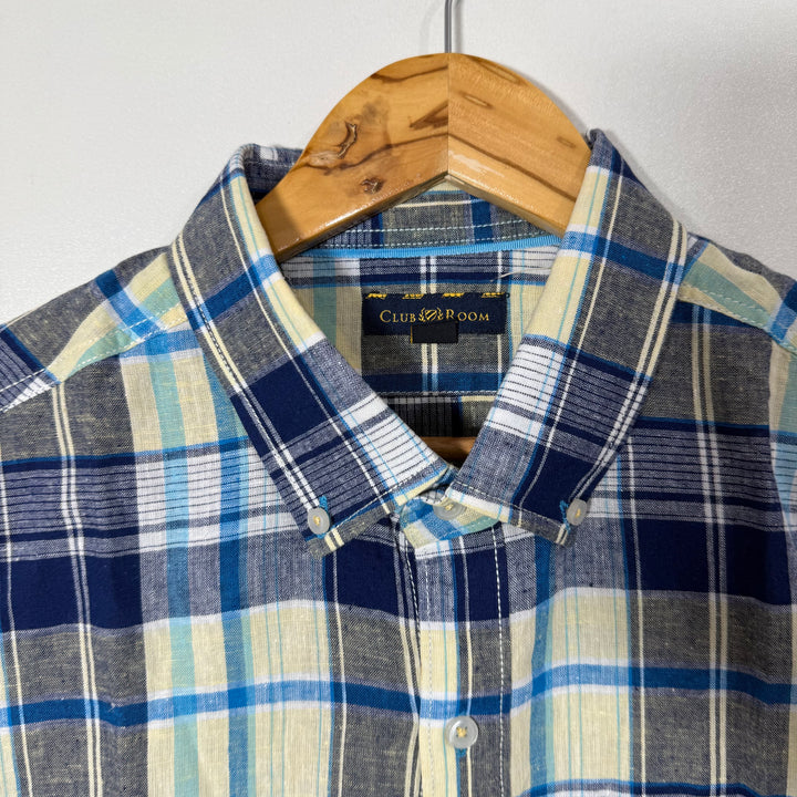 COUB ROOM BUTTON DOWN HALF SLEEVES LINEN  COTTON CHECKERED SHIRT