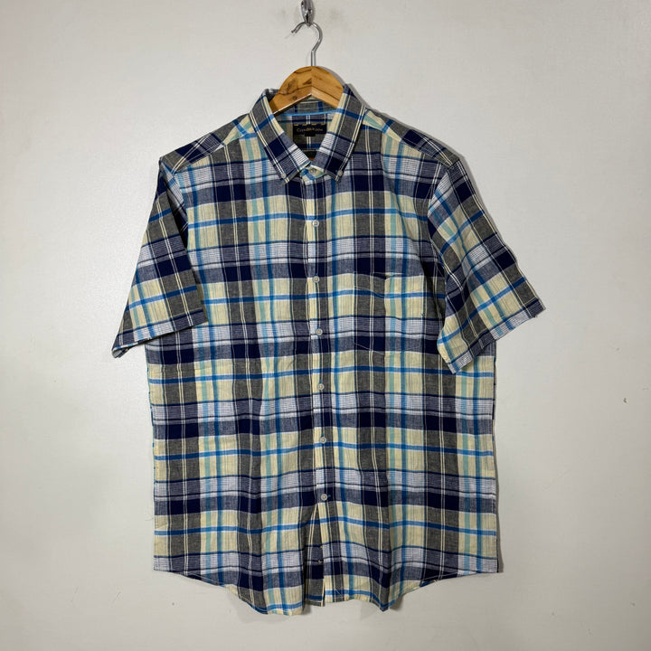 COUB ROOM BUTTON DOWN HALF SLEEVES LINEN  COTTON CHECKERED SHIRT