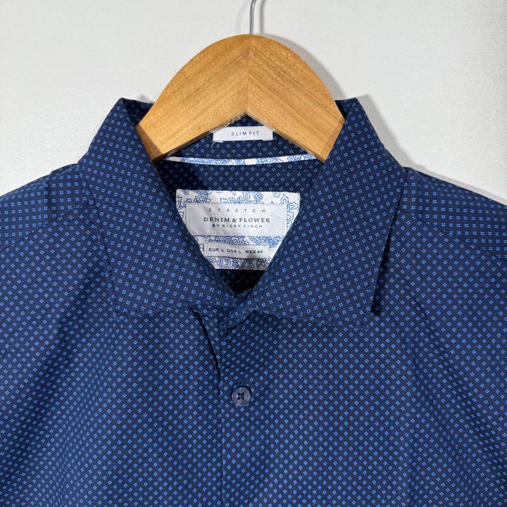 DENIM & FLOWER HALF SLEEVES COTTON SHIRT WITH STRETCH
