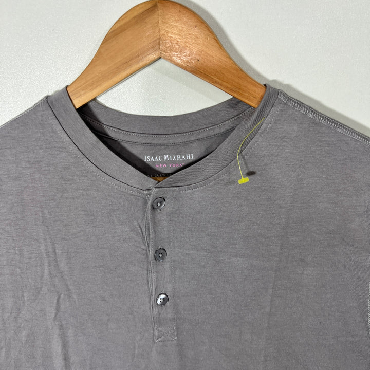 ISAAC MIZRAHI HENLEY COLLAR  COTTON TSHIRT