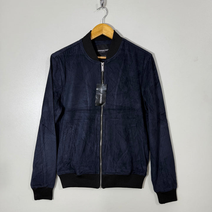 PRIMARK BEN COLLAR BOMBER SUEDE JACKET BLUE COLOUR