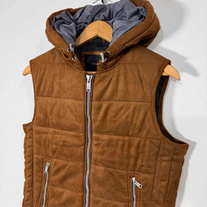 ZARA SUEDE LATHER SLEEVES LESS JACKET WITH HOOD