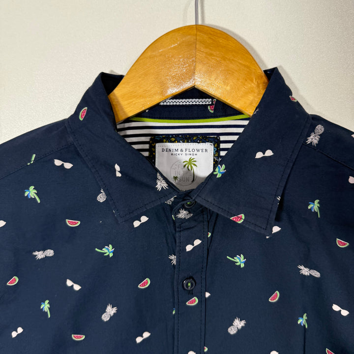 DENIM & FLOWER HALF SLEEVES COTTON SHIRT