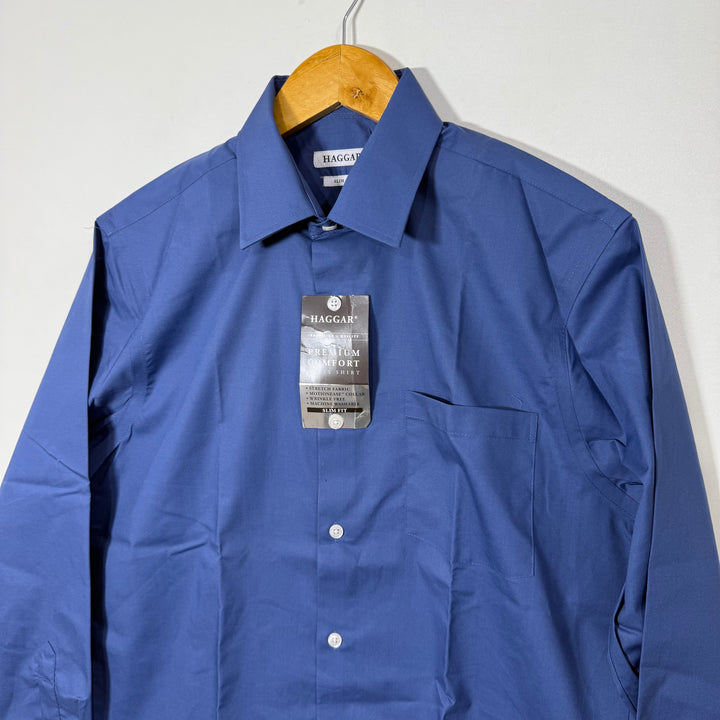HAGGAR SLIM FIT MACHINE WASHABLE FREMIUM COMFORT FORMAL SHIRT BRAND NEW WITH STRETCH