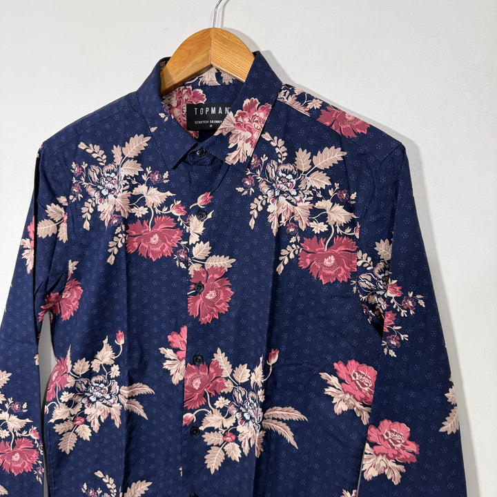 TOPMAN SKINNY FIT PRINTED CASUAL COTTON SHIRT WITH STRETCH