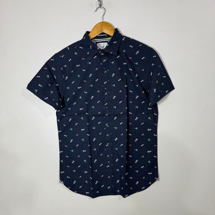 DENIM & FLOWER HALF SLEEVES COTTON SHIRT