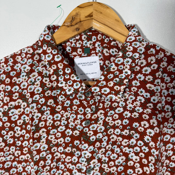 DENIM & FLOWER PRINTED HALF SLEEVES HAWAI SHIRT