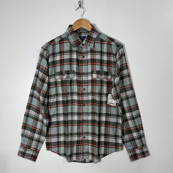 GEORGE BUTTON DOWN DOUBLE POCKETS CHECKERED FLANNEL COTTON SHIRT BRAND NEW