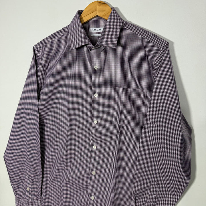 HAGGAR CLASSIC FIT COTTON CHECKERED FORMAL SHIRT