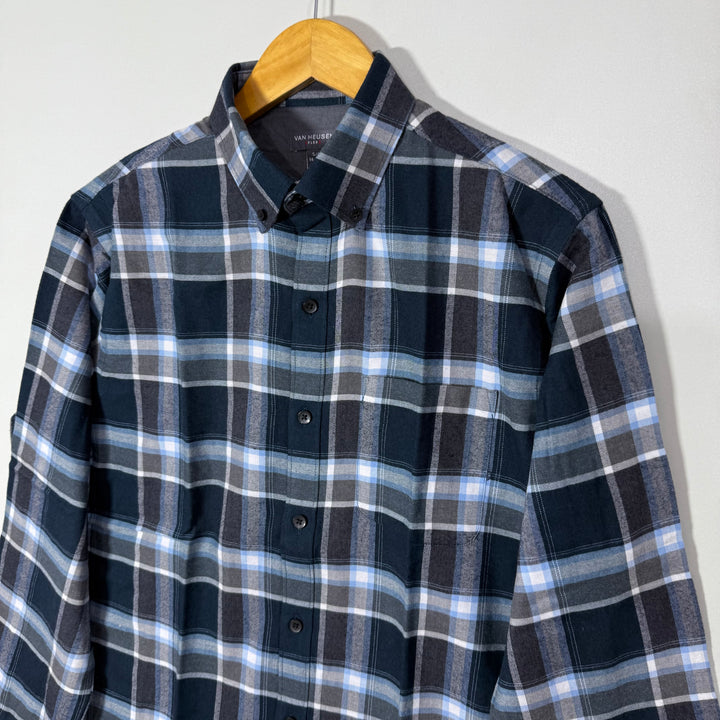 VAN HEUSEN FLEX BUTTON CASUAL FLANNEL COTTON CHECKERED SHIRT