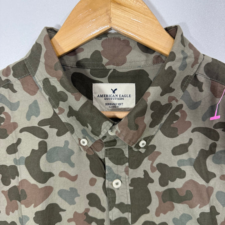 AMERICAN EAGLE CLASSIC FIT SERIOUSLY SOFT BUTTON DOWN CAMOUFLAGE COTTON SHIRT BRA
