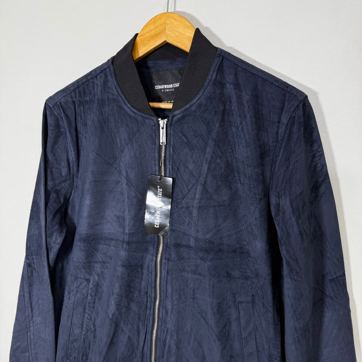 PRIMARK BEN COLLAR BOMBER SUEDE JACKET BLUE COLOUR