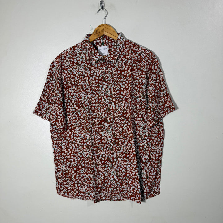DENIM & FLOWER PRINTED HALF SLEEVES HAWAI SHIRT