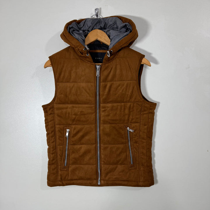 ZARA SUEDE LATHER SLEEVES LESS JACKET WITH HOOD