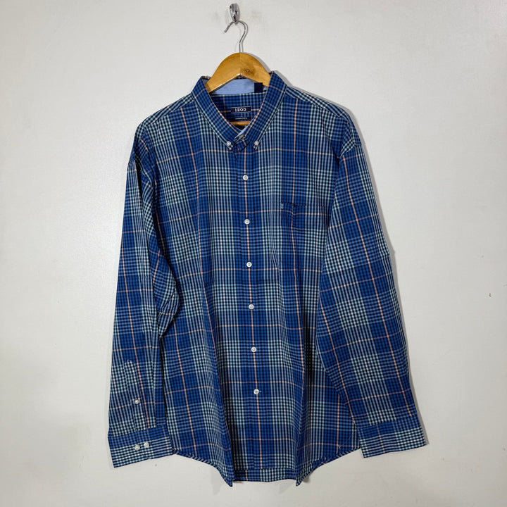 IZOD NON IRON COTTON CHECKERED SHIRT WITH STRETCH
