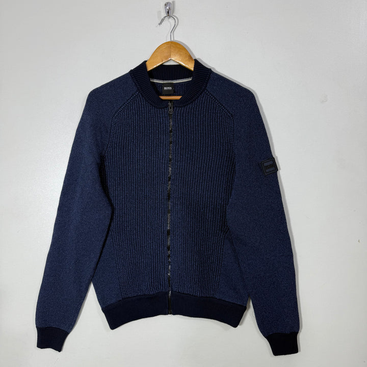 HUGO BOSS BEN COLLAR FULL ZIP KNITED COTTON SWEATER BLUE COLOUR