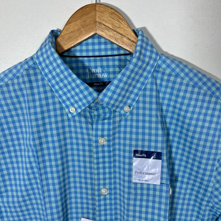 CROFT & BARROW SLIM FIT BUTTON DOWN PERFORMANCE CHECKERED HALF SLEEVES SHIRT BRAND NEW WITH STRETCH