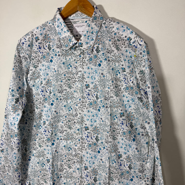 DENIM & FLOWER PRINTED CASUAL COTTON SHIRT