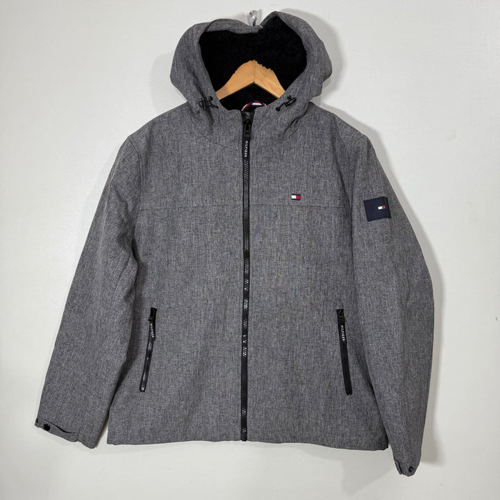 TOMMY HILFIGER 3 LAYER FABRIC WATER RESISTANT WIND RESISTANT SOFT SHELL WINDBREAKER JACKET INNER SHERPA LINNED WITH HOOD GREY COLOUR
