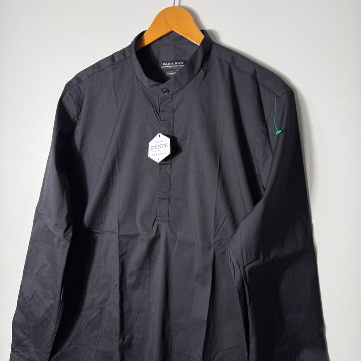 ZARA SLIM FIT KURTA COLLAR SHIRT BRAND NEW BLACK COLOUR WITH STRETCH