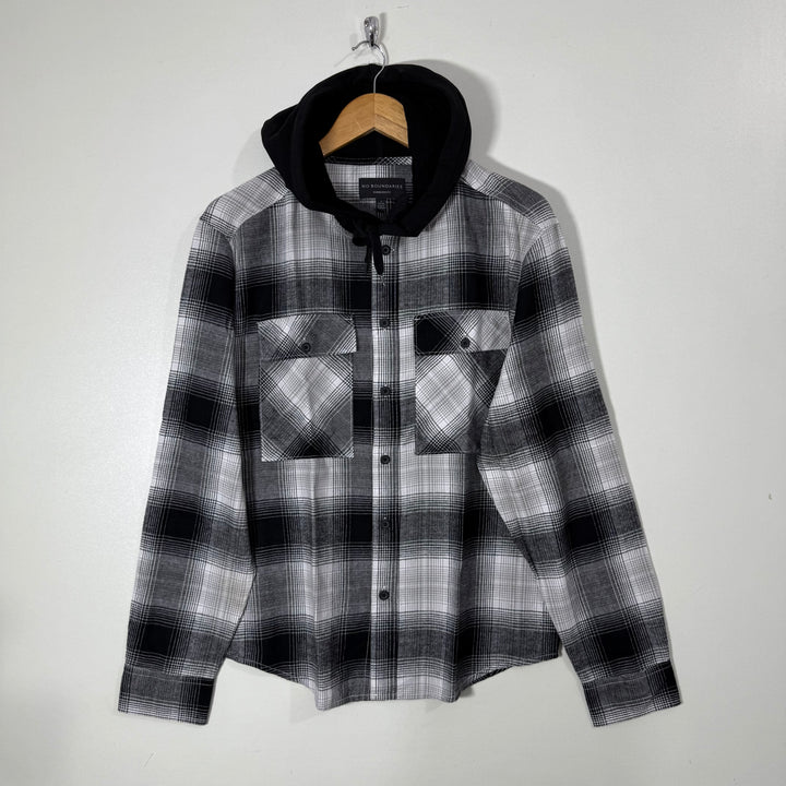 NO BOUNDARIES DOUBLE POCKETS FLANNEL COTTON SHIRT WITH HOOD