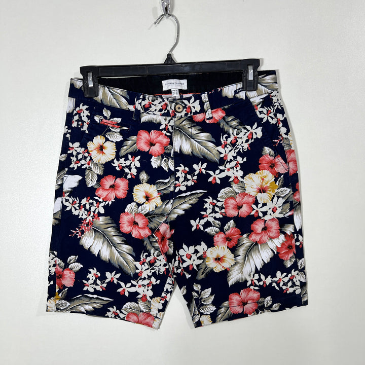 DENIM & FLOWER PRINTED COTTON SHORT