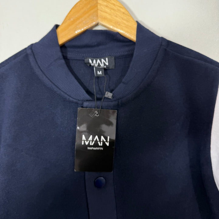 BOOHOOMAN BEN COLLAR TECH BUTTON VARSITY JACKET BRAND NEW BLUE COLOUR